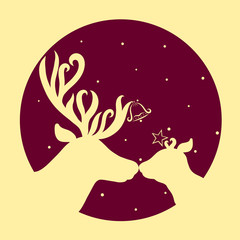 Reindeer Mom with a bell on his horns kisses his baby against the background of the stellar sky