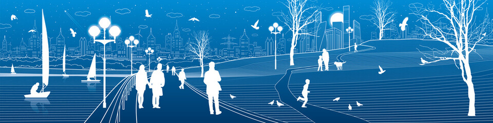 City embankment. People walk along the sidewalk. Evening illuminated park. Kids are playing. Birds are flying. Modern night town on background. Vector design art