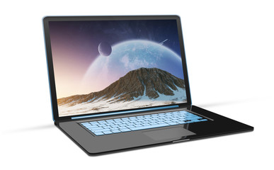 Isolated modern black laptop with shadow side view 3d rendering