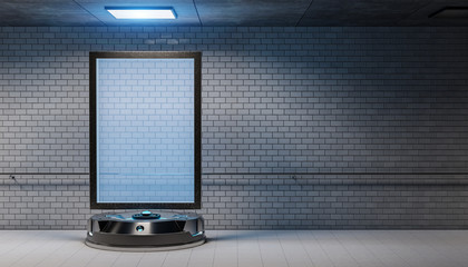 Futuristic billboard in dirty underground tube station mockup 3d rendering