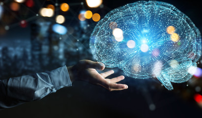 Businessman using digital 3D projection of a human brain 3D rendering