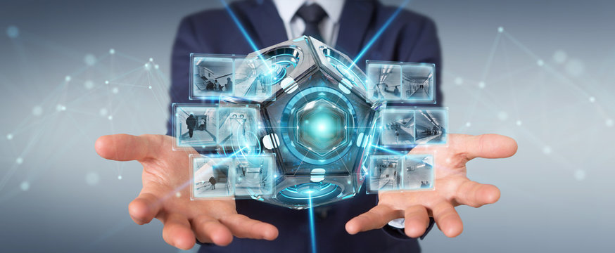 Businessman using futuristic drone security camera 3D rendering