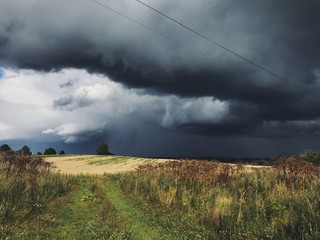 Picturesque summertime landscape of rural nature in Russia. Thunder without rain. Stormy weather. Fields of gold rye under dark heavy sky. Film effect.