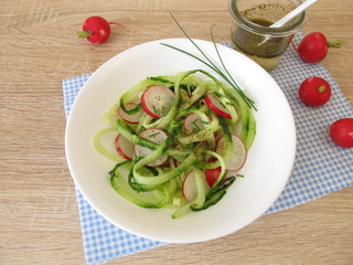 Spaghetti Gurkensalat aus Gemüsenudeln vom Spiralschneider und Radieschen
