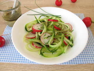 Spaghetti Gurkensalat aus Gemüsenudeln vom Spiralschneider und Radieschen