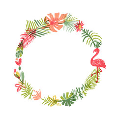 Tropical flower and flamingo bird wreath. Vector illustration isolated on white background. Floral paradise, jungle border