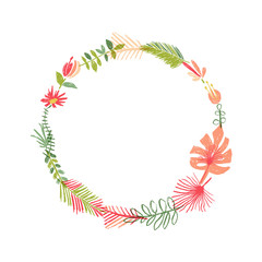 Fototapeta na wymiar Hand drawn tropical flower composition, tropic wreath. Vector illustration isolated on white background. Floral paradise, exotic plant leaf border