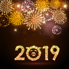 Vector holiday festival golden firework. Happy new year card 2019