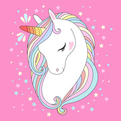 Vector unicorn head. Cute white unicorn with rainbow hair