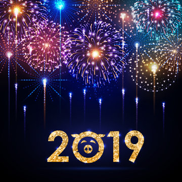 Vector holiday festival blue firework. Happy new year card 2019