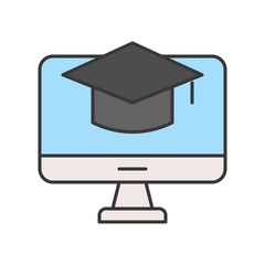 square academic cap on computer screen, e-learning concept, editable stroke outline icon