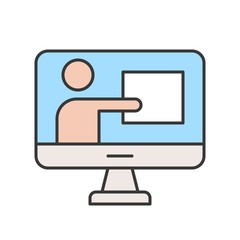people presentation data on computer screen, webinar concept, editable stroke outline icon