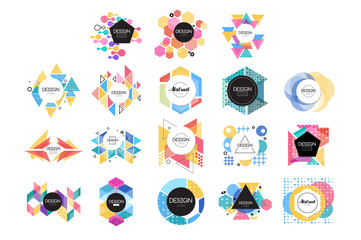 Colorful abstract design logo set, geometric shape signs vector Illustrations - obrazy, fototapety, plakaty