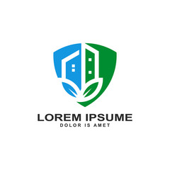 Real estate logo, home icon on the shield vector illustration