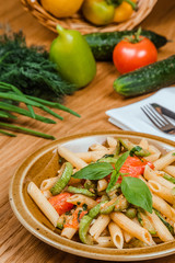 Traditional Uzbek oriental cuisine. Uzbek family table from different dishes for the New Year holiday. The background image is a top view.