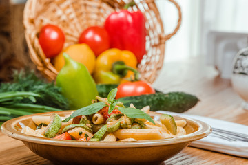 Traditional Uzbek oriental cuisine. Uzbek family table from different dishes for the New Year holiday. The background image is a top view.