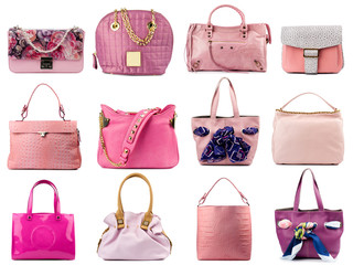 Pink female handbags collection isolated on white background.Front view.
