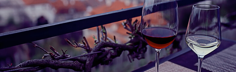 top concept alcohol, wine glass / glass of wine narrow long horizontal background, beautiful glass...