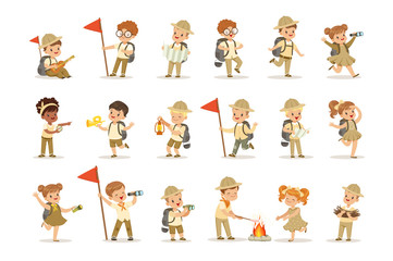 Set of girls and boys in scout costumes - obrazy, fototapety, plakaty