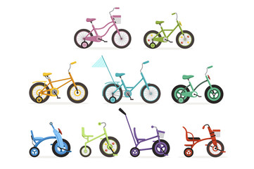 Various type of kids bikes set, colorful bicycles with different frame types vector Illustrations © topvectors
