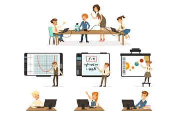 School children at the informatics and programming lesson set, kids working on computers, learning robotics and programming vector Illustrations