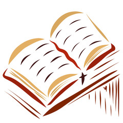 An open book lying on a table, a bookmark with a cross