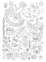 Coloring hand drawn page with cute sea animals vector
