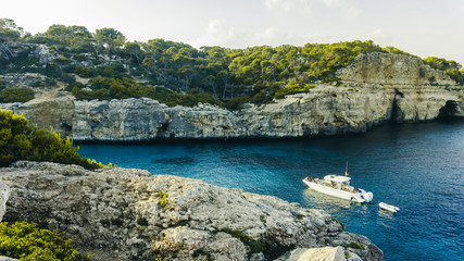  Panoramic coastline view of Majorca island, rocky coast of Santanyi Cala Moro and Cala S'Almunia,...