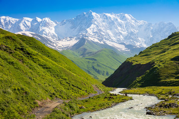 trail along river, green slope and Mount Shkhara
