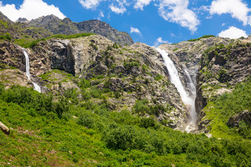 three high waterfall in Georgia in sunny day