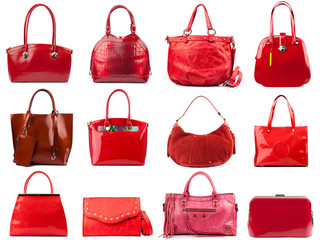 Red female handbags collection isolated on white background.Front view.
