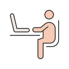human sitting on chair and using laptop on table, editable stroke outline icon