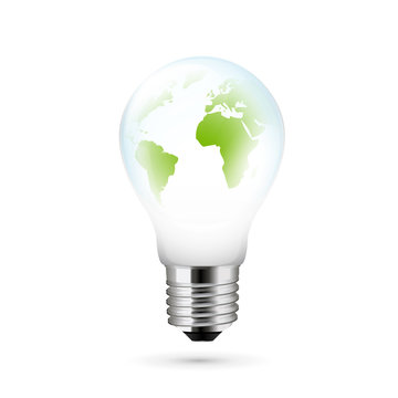 Electric light bulb with a world globe. Vector illustration.