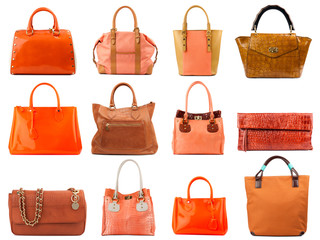 Orange female handbags collection isolated on white background.Front view.
