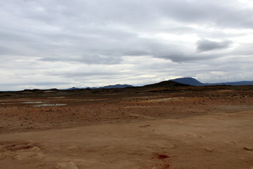 Fototapeta na wymiar Krýsuvík Geothermic area in Iceland: brown soil, volcanic fumaroles 