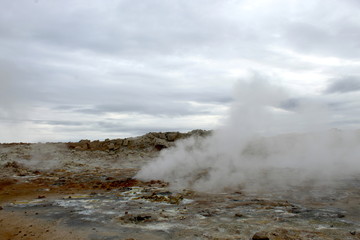 Krýsuvík Geothermic area in Iceland: brown soil, volcanic fumaroles 