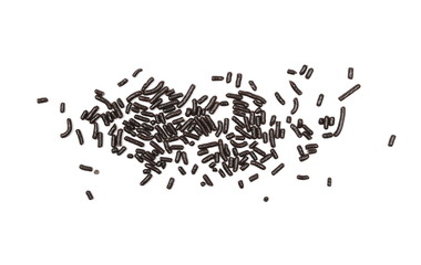 Decorative chocolate sprinkles, granules for cakes and pastries isolated on white background and texture, top view