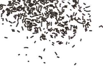 Decorative chocolate sprinkles, granules for cakes and pastries isolated on white background and texture, top view