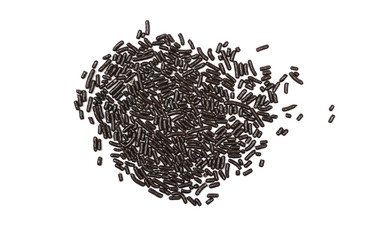 Decorative chocolate sprinkles, granules for cakes and pastries isolated on white background and texture, top view