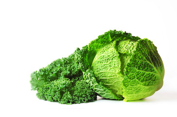 Savoy cabbage (Brassica oleracea L. convar, capitata var., Sabauda) and cabbage Kale or Grunkol or...