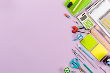 School and office supplies. Top view.