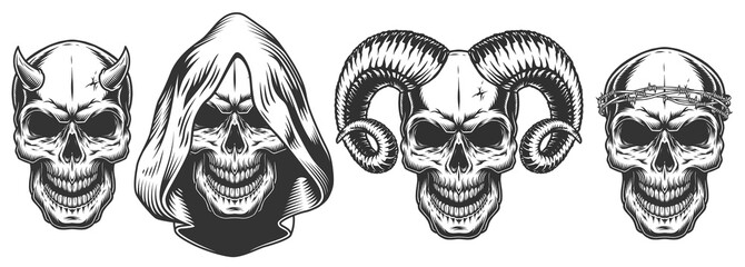 Set of demons skull with horns - obrazy, fototapety, plakaty