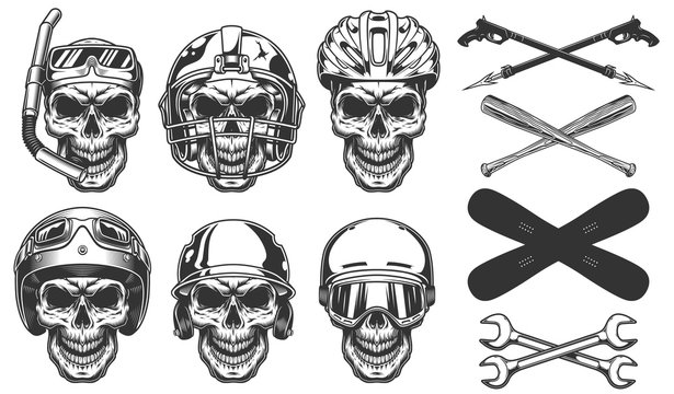 Set of skull in sport equipment