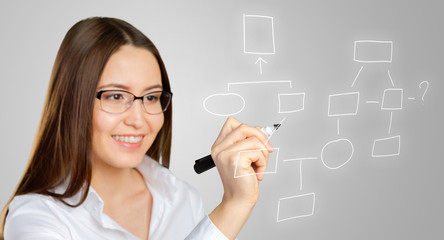 portrait of businesswoman pointing at floating screen