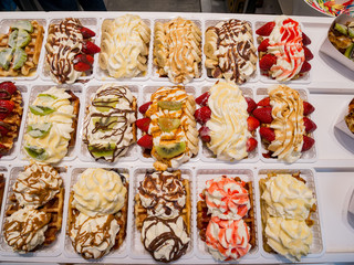 Close up shot of delicious fruit chocolate pancake