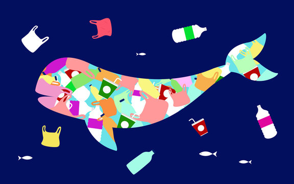 Stop ocean plastic pollution vector illustration. Plastic inside a silhouette shape of a dolphin. 