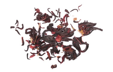 Pile of dry hibiscus flowers isolated on white background, top view