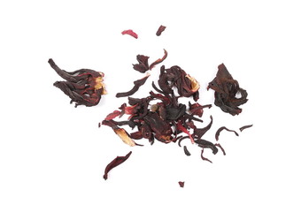 Pile of dry hibiscus flowers isolated on white background, top view