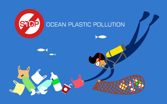 Stop plastic pollution. Reduce, Reuse, Recycle. Scuba diver cleaning plastic trash from ocean. vector illustration.