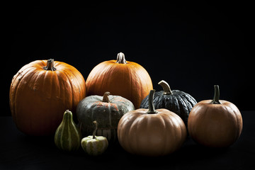 Different types of pumpkin on black